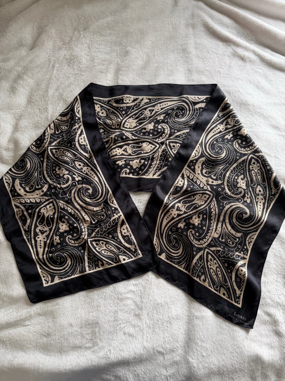 Ralph Lauren silk Black and Cream Paisley Silk Scarf